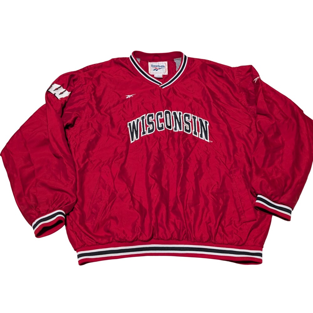 Vintage Reebok Windbreaker Mens XL Red Wisconsin Badgers V-Neck Pullover Jacket